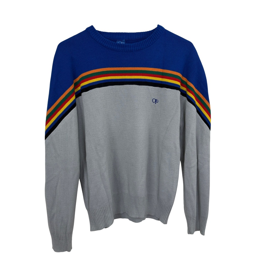 Ocean Pacific Sweater Mens S Blue Grey Rainbow Stripe Vintage Crew Neck Wool